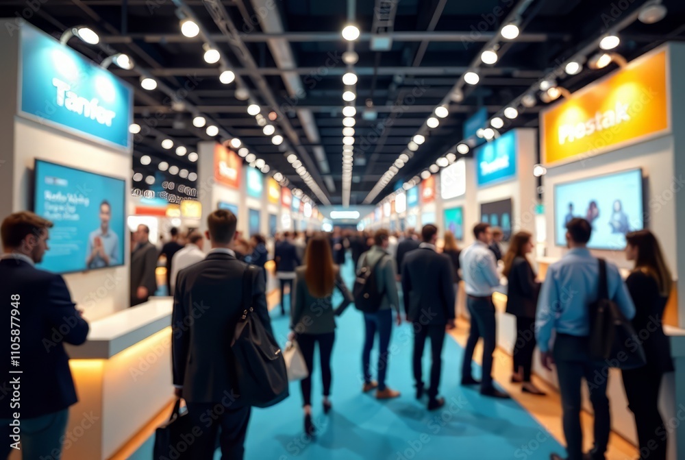 Fototapeta premium Blurred Trade Show Expo Booth - International Convention Crowd - AI Photorealistic