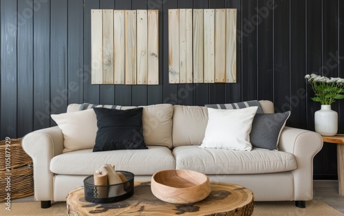 Farmhouse, country style home interior design of modern living room. Rustic style living area with beige sofa, black wall paneling, and organic wood artwork for a warm, natural ambiance. 