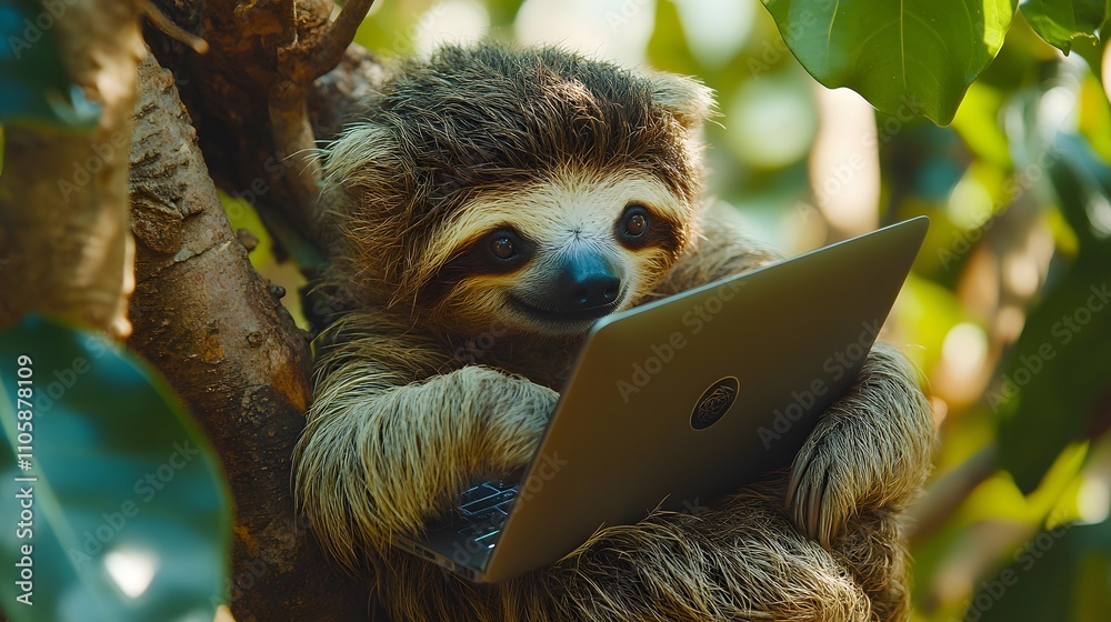 Fototapeta premium Sloth using a laptop in a tree.