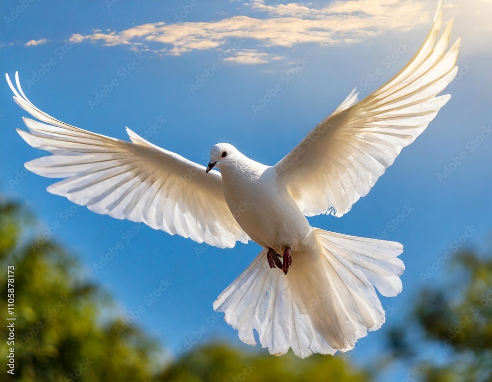 Obraz premium Flying White Dove Against Blue Sky as a Symbol of International Day of Peace