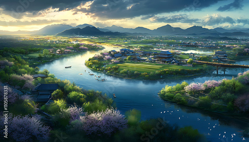 Traditional oriental countryside showcases picturesque scenery.