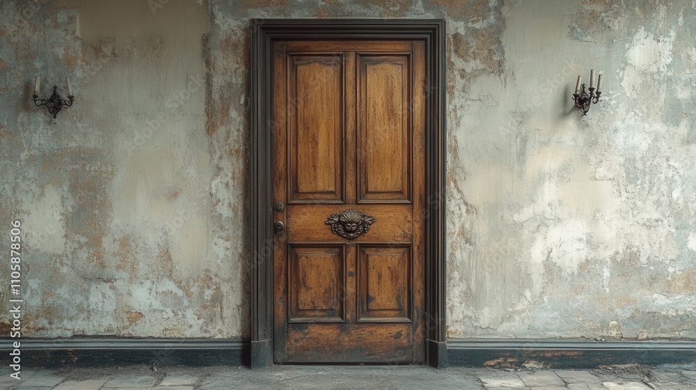 Fototapeta premium [Vintage Aesthetic Timeless Shabby Art] Rusted Wooden Door in Ancient Stone Wall with Faded Paint and Weathered Wood Panel