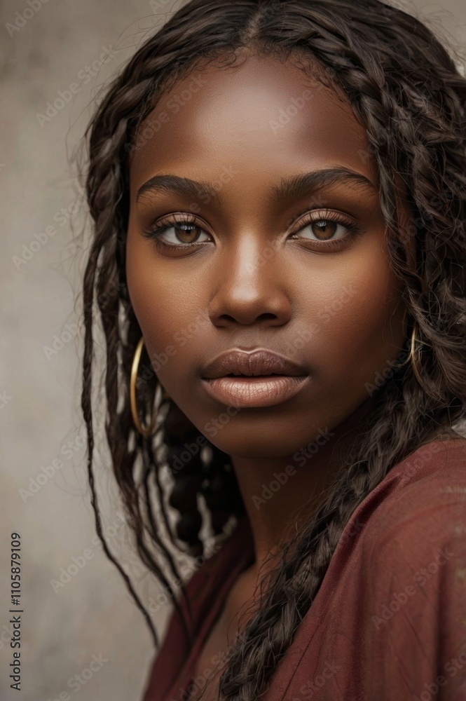 Black calm young confident woman portrait, deep brown skin tone, soft lighting, braided hairstyle, natural beauty, elegant outfit, dressed in long, stylish dress with flowing fabric, calm background Black calm young confident woman portrait, deep brown skin tone, soft lighting, braided hairstyle, natural beauty, elegant outfit, dressed in long, stylish dress with flowing fabric, calm background