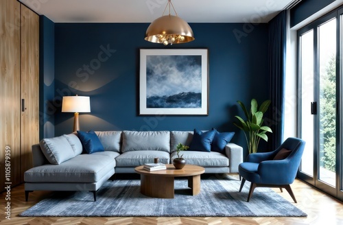 Interior design project with modern organic style, room with sofa, carpet, magazine table, chandelier and armchair in blue colors 