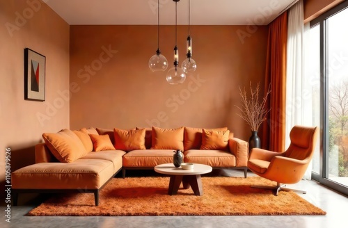 Interior design project with modern organic style, room with sofa, carpet, magazine table, chandelier and armchair in orange colors 
