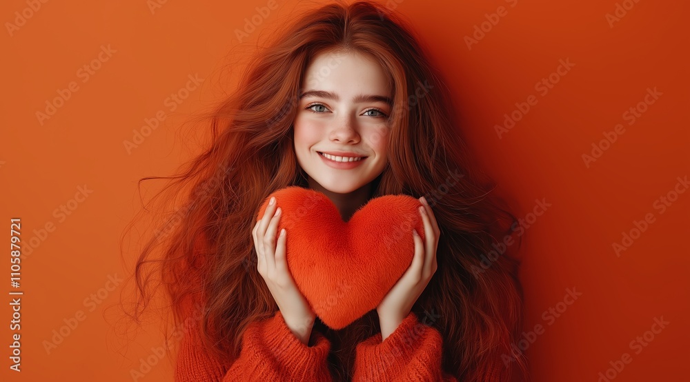 cute and beautiful girl holds a huge plush heart in her hands and smiles. concept of celebrating Valentine's Day cute and beautiful girl holds a huge plush heart in her hands and smiles. concept of celebrating Valentine's Day