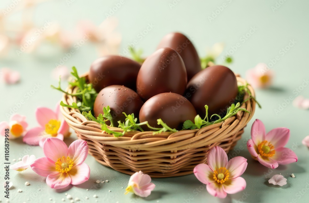 Chocolate eggs in a basket on a light flower background Chocolate eggs in a basket on a light flower background