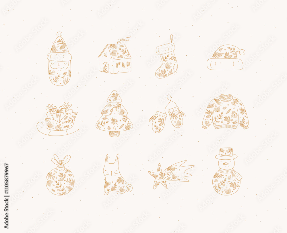 Christmas symbol collection with santa, house, sock, hat, sleigh, gifts, tree, gloves, sweater, tree toy, rabbit, star, snowman drawing in floral art style on beige background