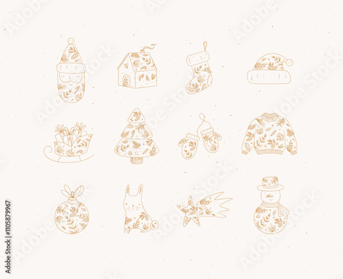 Obraz na płótnie Christmas symbol collection with santa, house, sock, hat, sleigh, gifts, tree, gloves, sweater, tree toy, rabbit, star, snowman drawing in floral art style on beige background w salonie