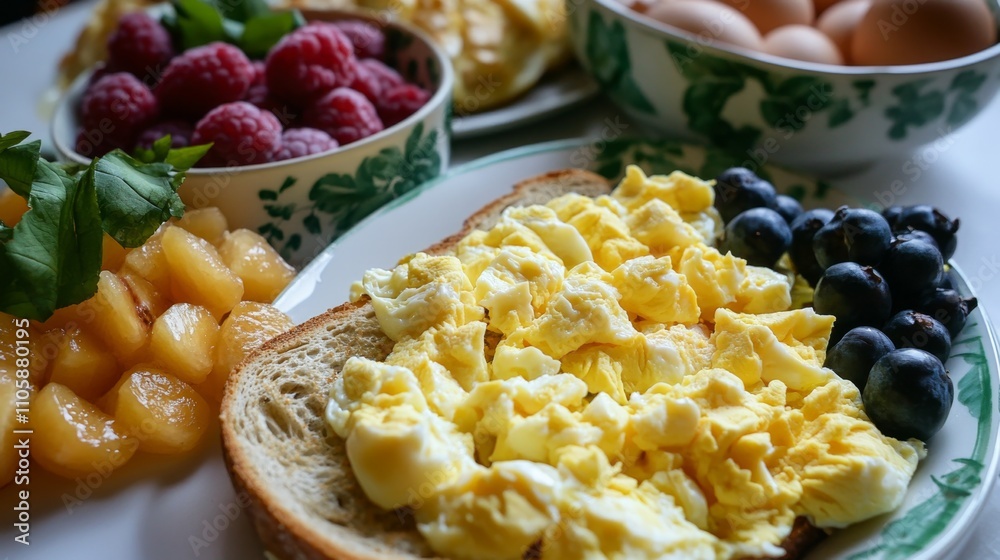 Healthy Breakfast Spread with Scrambled Eggs, Toast, and Fruit Healthy Breakfast Spread with Scrambled Eggs, Toast, and Fruit