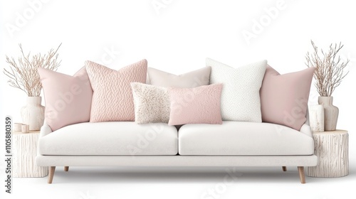 Elegant sofa with decorative pillows and minimalist decor for a cozy interior ambiance.