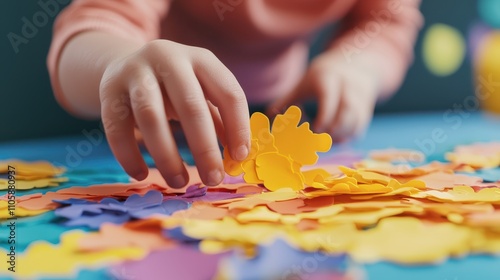 Detailed Shot of a Child's Hands Sorting Colorful Paper Shapes for Art Therapy Activities photo