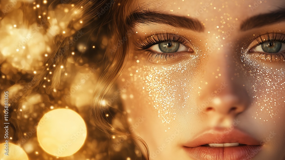 Woman face on Abstract golden background with bokeh effect and shining defocused glitters. Festive gold texture for Christmas, New Year, birthday, celebration, greeting, victory, success, magic party. Woman face on Abstract golden background with bokeh effect and shining defocused glitters. Festive gold texture for Christmas, New Year, birthday, celebration, greeting, victory, success, magic party.