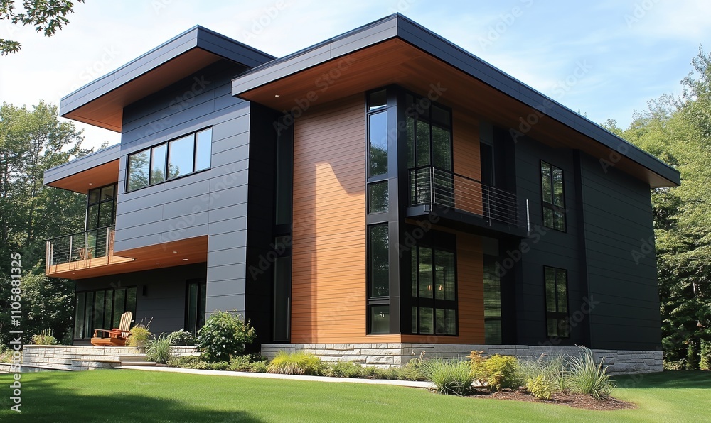 Modern architectural design house with sleek lines and natural elements. Two-story structure features large windows, wooden accents, and landscaped yard. Modern architectural design house with sleek lines and natural elements. Two-story structure features large windows, wooden accents, and landscaped yard.