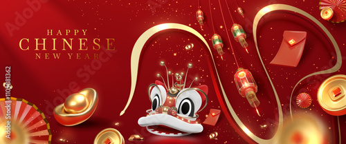 Chinese New Year banner template with red glowing lanterns, golden realistic 3D elements, elegant style Snake Year poster design concept on red background.
