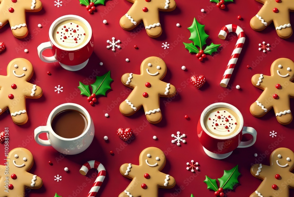 Naklejka premium Christmas Gingerbread Cookie Seamless Pattern - Festive Red Background