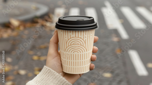 A hand holding a stylish disposable coffee cup with a geometric pattern and black lid, set against an urban street background with fallen autumn leaves