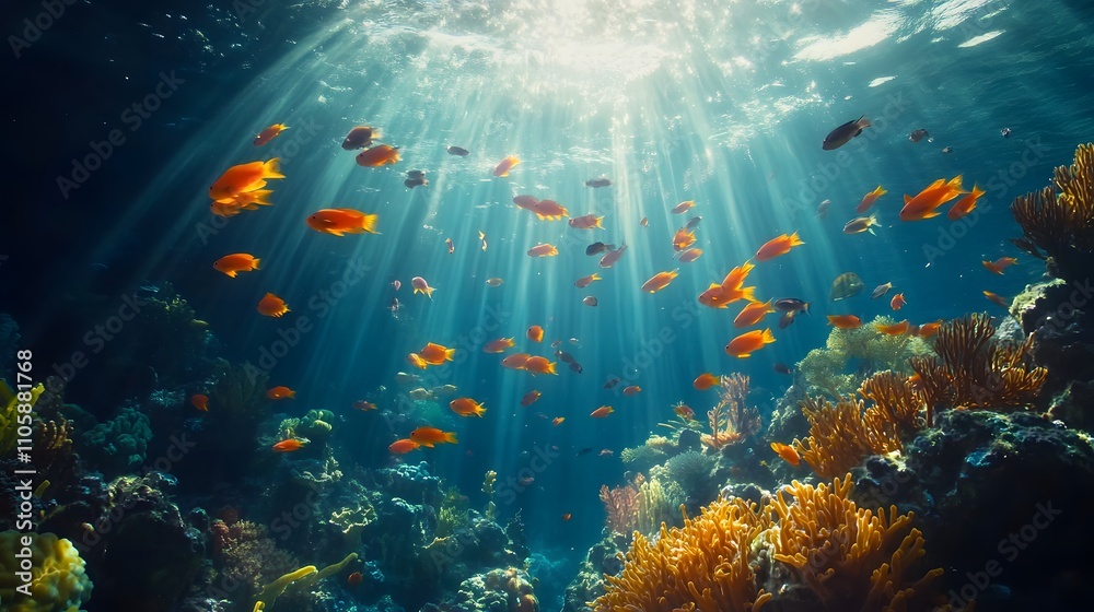 Lively coral reef habitat buzzing with exotic tropical fish species Lively coral reef habitat buzzing with exotic tropical fish species