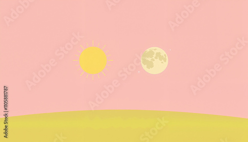 Stylized sun and moon on a landscape, peaceful mood, celestial bodies against a pastel sky and ground