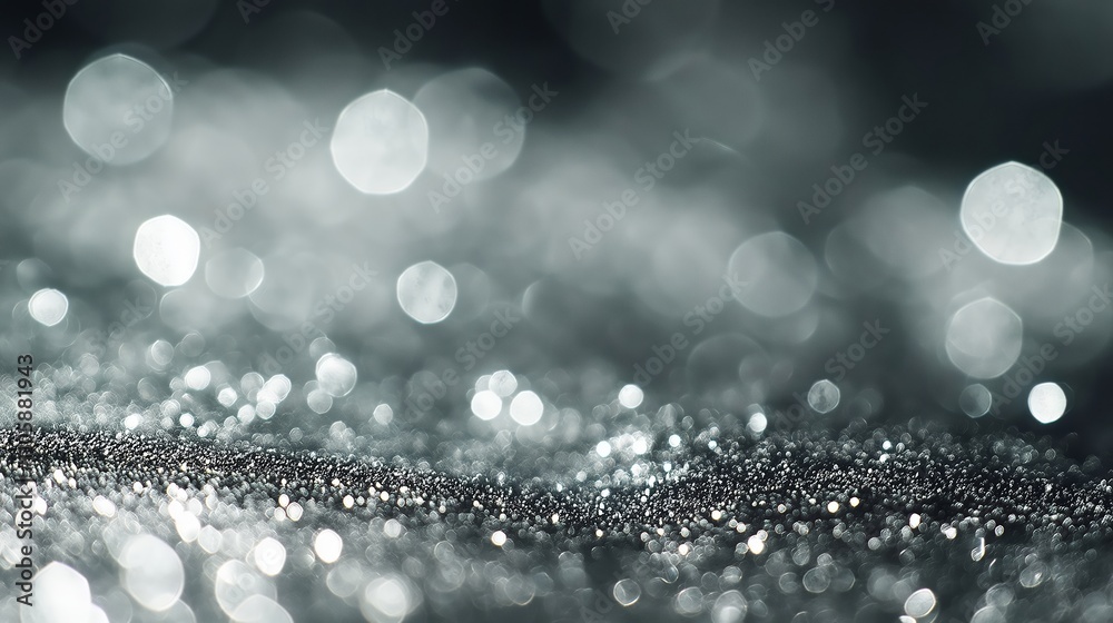 Abstract dark silver background with bokeh effect and shining defocused glitters. Festive gold texture for Christmas, New Year, birthday, celebration, greeting, victory, success, magic party.