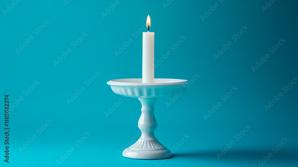 Minimalist composition featuring a white candle in a vintage white ceramic holder. Minimalist composition featuring a white candle in a vintage white ceramic holder.