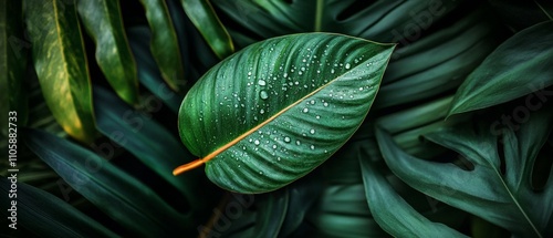 Wallpaper Mural A close-up of a vibrant green leaf with water droplets, surrounded by lush foliage. Torontodigital.ca