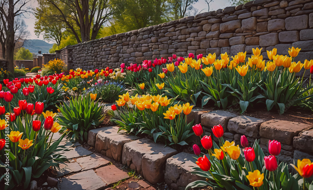 Fototapeta premium Brick wall with a flower garden in front of it. The flowers are red, yellow, and purple