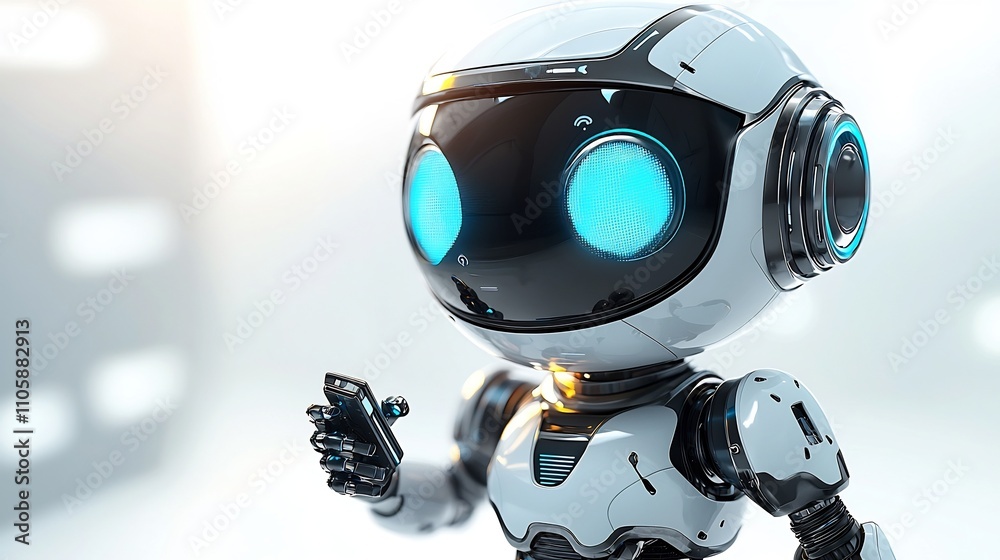 Cheerful Cartoon Robot Holding Futuristic Gadget on White Background Cheerful Cartoon Robot Holding Futuristic Gadget on White Background