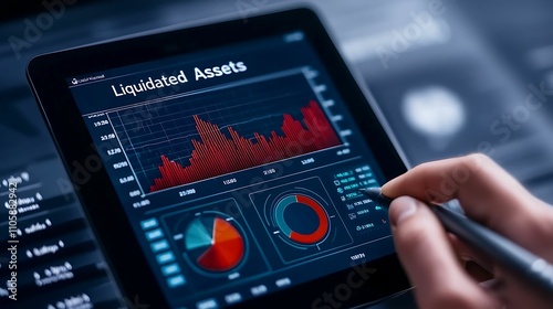 A person analyzes financial data on a tablet, showcasing graphs and charts related to liquidated assets, indicating market trends and performance metrics.