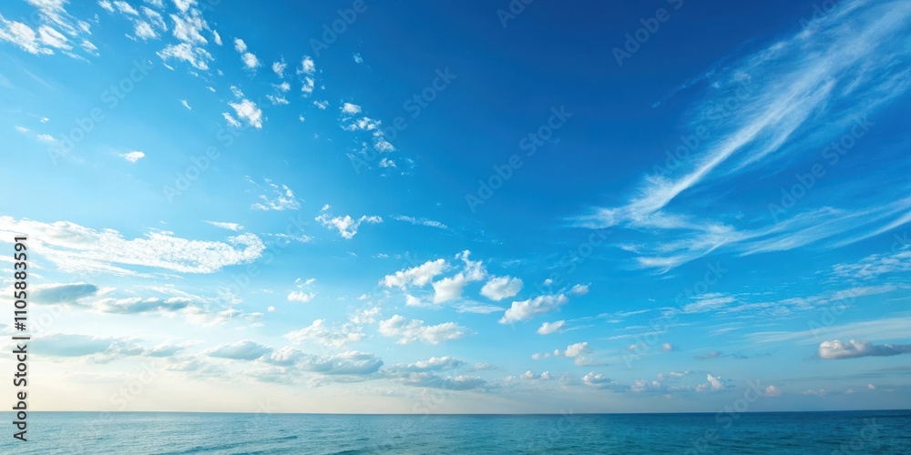 Obraz premium A serene ocean vista under a vast expanse of blue sky, adorned with wispy and fluffy clouds, a picturesque scene of tranquility