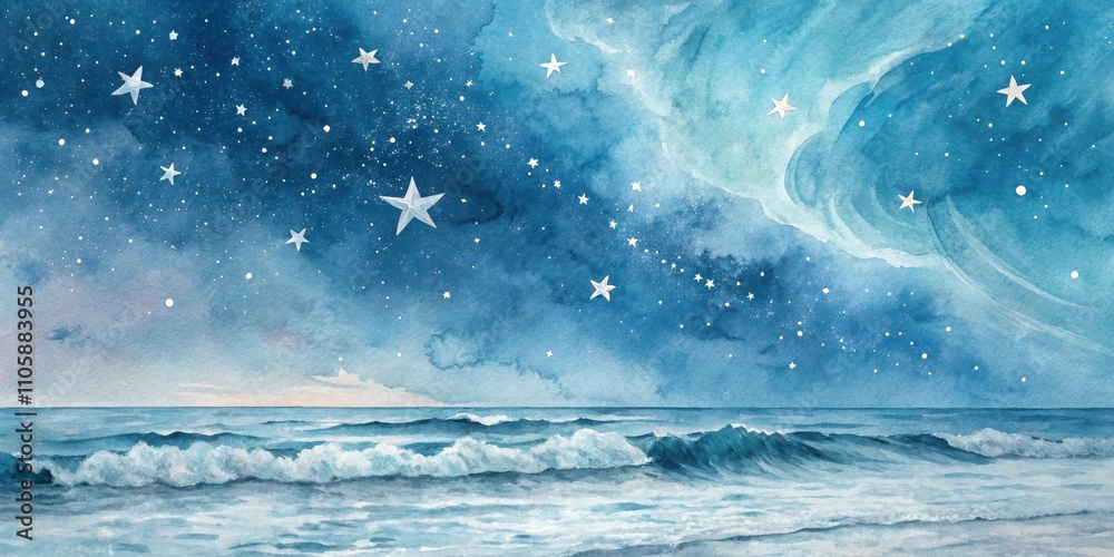 Fototapeta premium Serene Nightscape Ocean Waves Under a Starry Sky with Gentle Watercolor Hues
