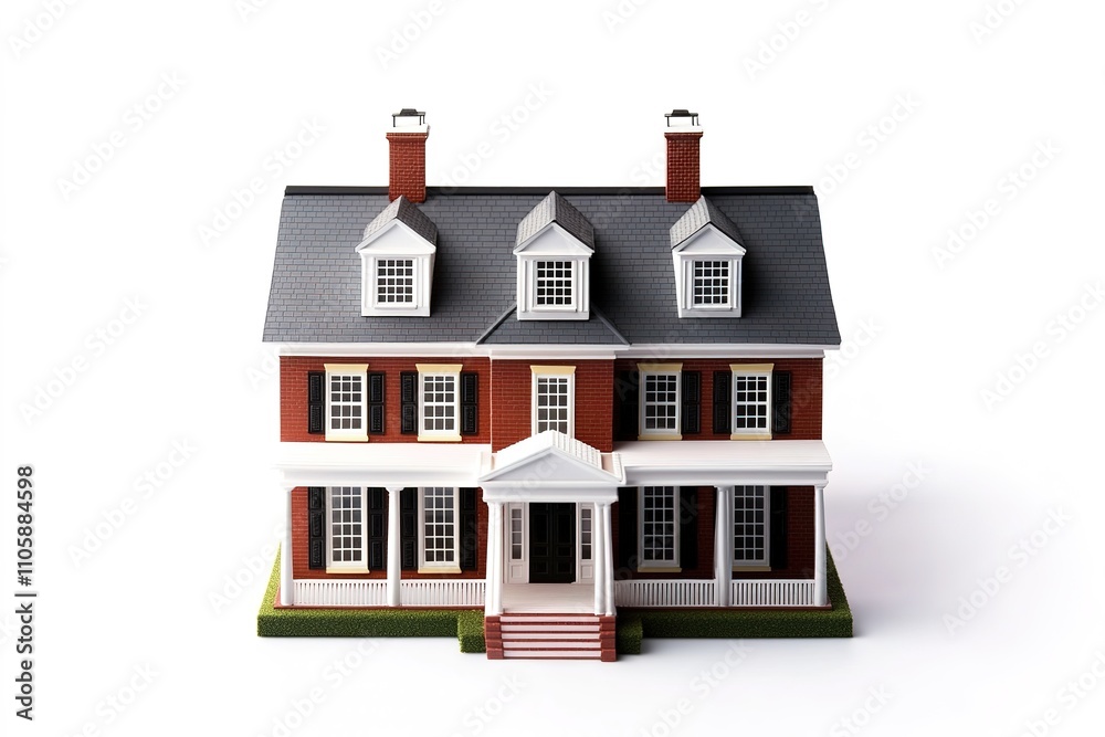 Isolated model of classic suburban house with red and grey tones Isolated model of classic suburban house with red and grey tones