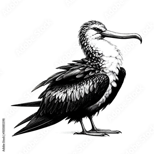 a frigatebird sketch engraving. White background. photo