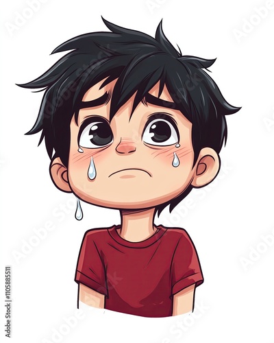 make a chibi design of a guy with black hair wearing red shirt in different reactions and no background Sad boy with tears illustrating emotions.