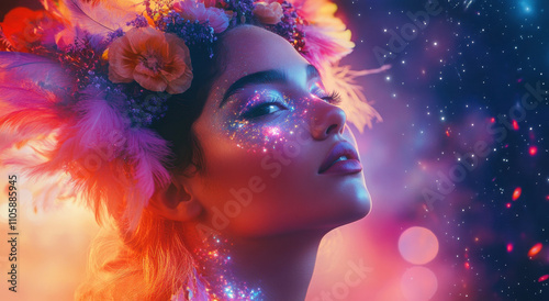 Fantasy-inspired portrait of a woman with vibrant feathers, flowers, and cosmic elements, blending nature and dreamlike aesthetics