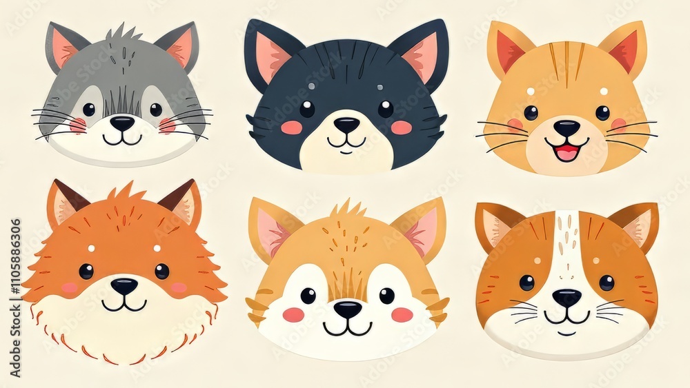 Fototapeta premium Cute Animal Faces Hand Drawn Characters - AI Art