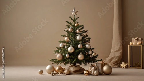 AI GENERATE, A minimalist Christmas tree with neutral-toned ornaments and soft lighting on a beige background