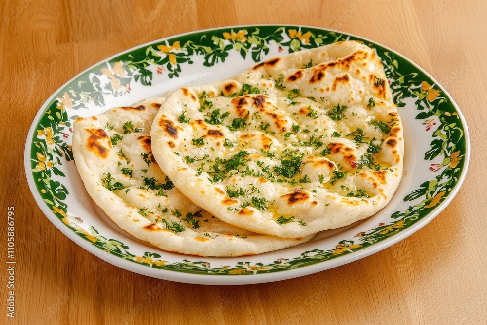 Freshly Baked Naan Bread with Coriander Garnish on Decorative Plate Freshly Baked Naan Bread with Coriander Garnish on Decorative Plate