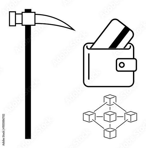 Pickaxe tool for mining, wallet holding a card for financial transactions, and blockchain network diagram. Ideal for cryptocurrency, finance, mining, technology, commerce, digital security data