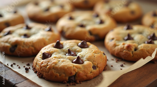 Homemade Chocolate Chip Cookies on Baking Tray, Close-up Macro