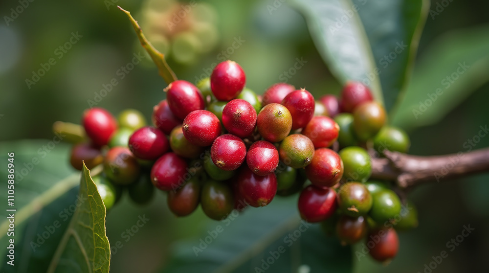 Coffee Produce Farm, Coffee Cherries Hanging on Tree Plant Branch Close-up, Farming Coffee Produce Farm, Coffee Cherries Hanging on Tree Plant Branch Close-up, Farming