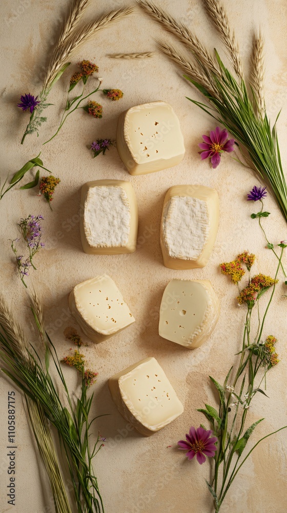 Swiss cheeses arranged on a beige limbo background, surrounded by fresh green grass, wheat stems, and wildflowers to evoke a natural environment. Swiss cheeses arranged on a beige limbo background, surrounded by fresh green grass, wheat stems, and wildflowers to evoke a natural environment.