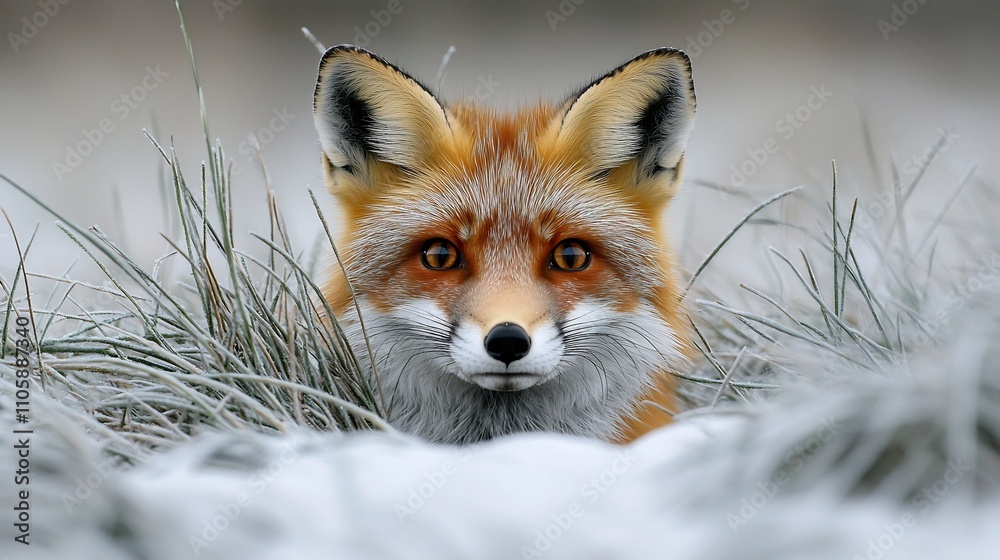 Curious red fox peeking out from tall grass alert and vigilant in its natural habitat Curious red fox peeking out from tall grass alert and vigilant in its natural habitat