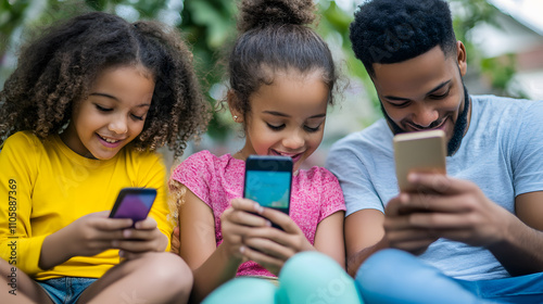 A family with children looking at a smartphone