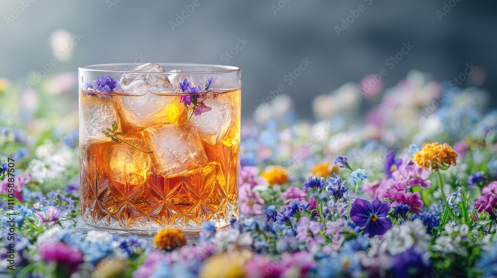 A refreshing glass of sweet herbal tea with ice cubes, surrounded by vibrant wildflowers in shades of purple, blue, pink, and white, isolated on a light grey background. A refreshing glass of sweet herbal tea with ice cubes, surrounded by vibrant wildflowers in shades of purple, blue, pink, and white, isolated on a light grey background.