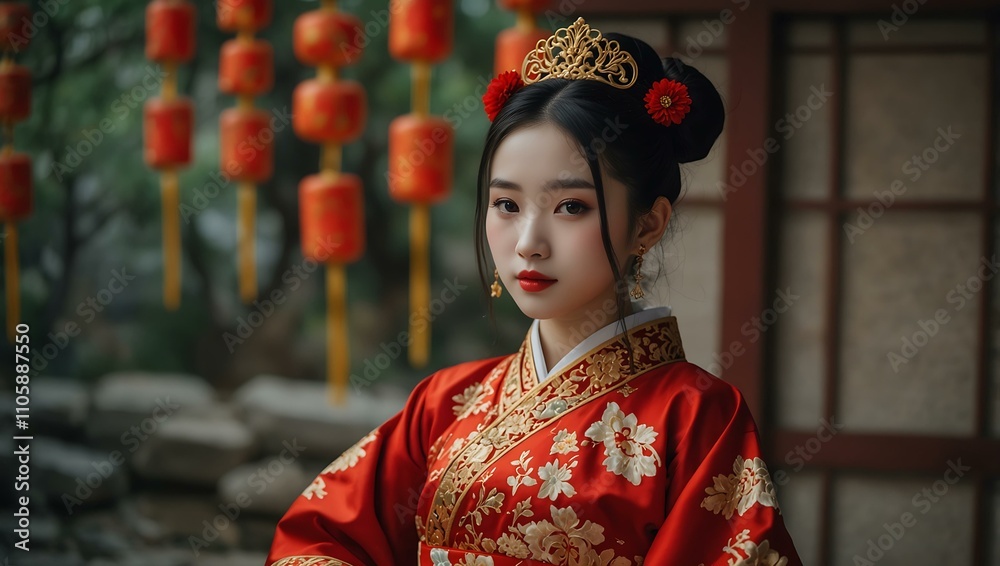 Cute Chinese girl in a gorgeous red and gold Hanfu for Chinese New Year. Cute Chinese girl in a gorgeous red and gold Hanfu for Chinese New Year.