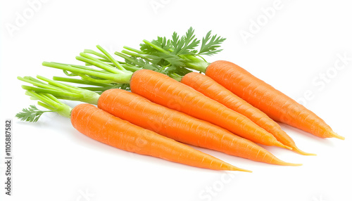 Fresh, vibrant carrots with green tops, arranged attractively on a white background. Perfect for healthy eating, cooking, or agriculture themes.