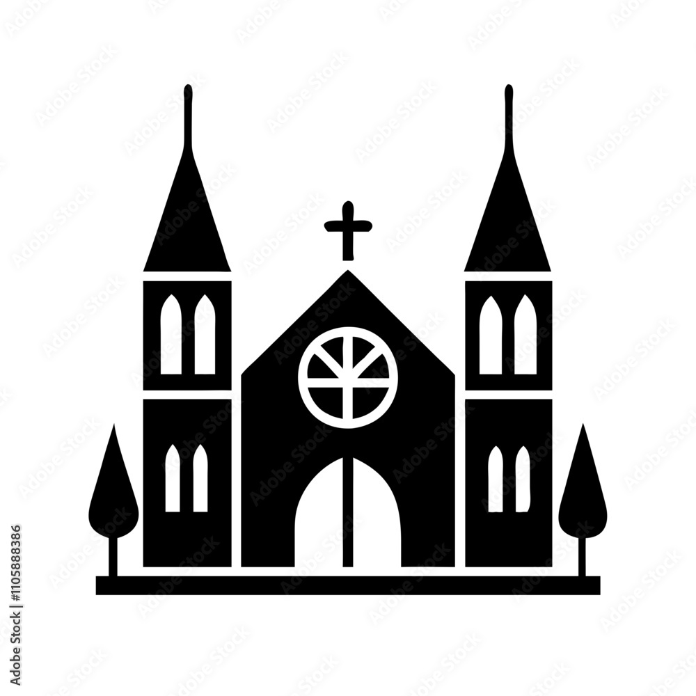 A minimalist vector icon of a church, featuring a traditional structure with a pointed roof, cross, and large arched windows. The design reflects simplicity and elegance, making it ideal for use in re A minimalist vector icon of a church, featuring a traditional structure with a pointed roof, cross, and large arched windows. The design reflects simplicity and elegance, making it ideal for use in re