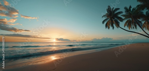 Tropical beach at sunset with palm trees.