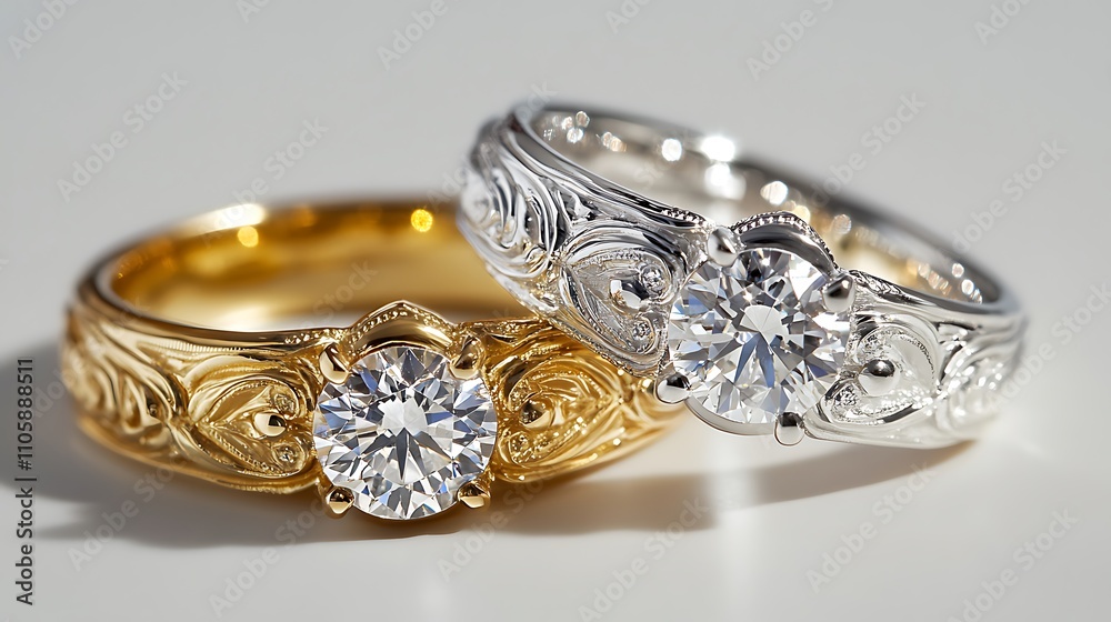 Exquisite diamond and gold engagement rings with intricate designs and stunning craftsmanship. Exquisite diamond and gold engagement rings with intricate designs and stunning craftsmanship.